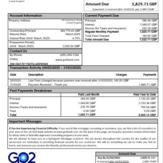 United Kingdom GO2 bank mortgage statement in Word and PDF formats download template file