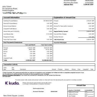 United Kingdom Kuda bank mortgage statement in Word and PDF formats download template file