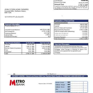 United Kingdom Metro bank  mortgage statement in Word and PDF formats download template file