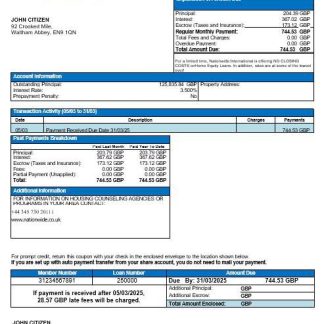 United Kingdom Nationwide bank mortgage statement in Word and PDF formats download template file