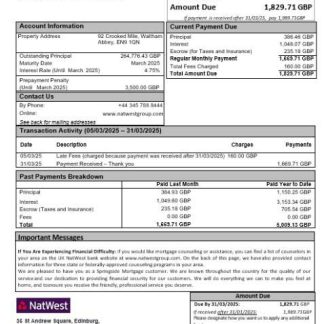 United Kingdom NatWest bank mortgage statement in Word and PDF formats download template file
