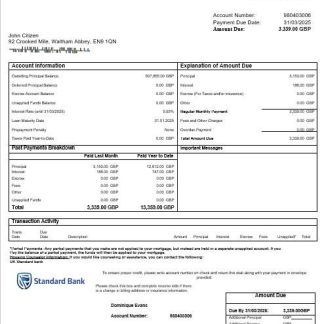 United Kingdom Standard bank mortgage statement in Word and PDF formats download template file