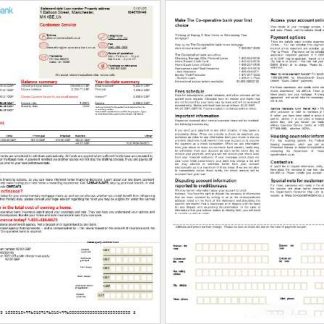 United Kingdom The Co operative bank mortgage statement in Word and PDF formats, 2 pages download template file