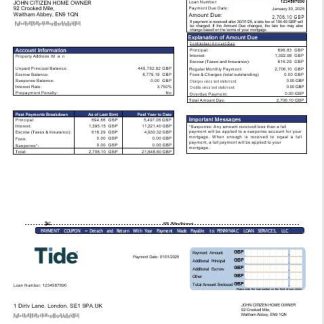 United Kingdom Tide bank mortgage statement in Word and PDF formats download template file