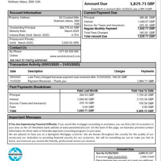 United Kingdom WestStein Bank mortgage statement in Word and PDF formats download template file