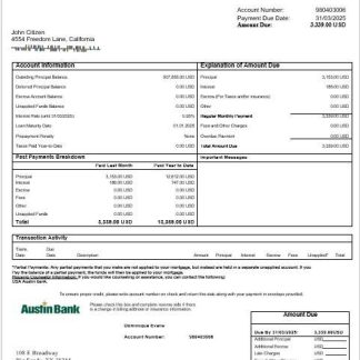 USA Austin bank mortgage statement in Word and PDF formats download template file