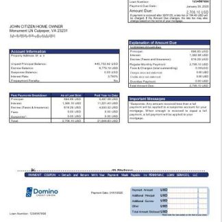 USA Bank of Domino bank mortgage statement in Word and PDF formats download template file