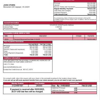 USA Bank of Oklahoma mortgage statement in Word and PDF formats download template file