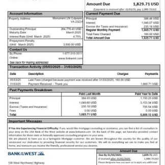 USA Bank of the West bank mortgage statement in Word and PDF formats download template file