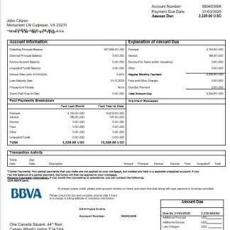 USA BBVA bank mortgage statement in Word and PDF formats download template file