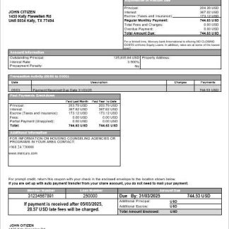 USA CA San Francisco Mercury bank mortgage statement in Word and PDF formats download template file