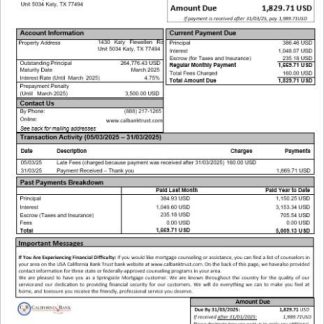 USA California Bank Trust bank mortgage statement in Word and PDF formats download template file