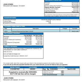 USA Carrington Mortgage Services bank mortgage statement in Word and PDF formats download template file