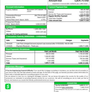 USA Cash App mortgage statement in Word and PDF formats download template file
