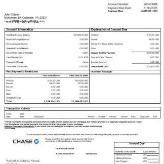 USA Chase mortgage statement in Word and PDF formats download template file