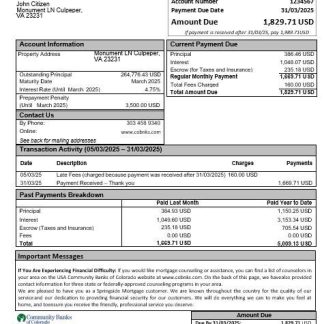 USA Community Banks of Colorado bank mortgage statement in Word and PDF formats download template file