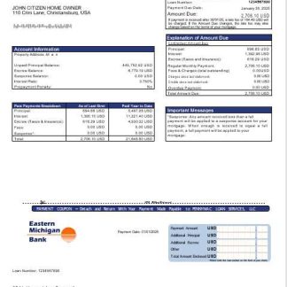 USA Eastern Michigan bank mortgage statement in Word and PDF formats download template file