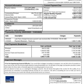 USA First America Bank mortgage statement in Word and PDF formats download template file