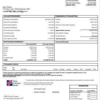 USA First Citizens bank mortgage statement in Word and PDF formats download template file