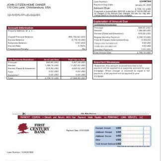 USA Georgian Gainesville First Century bank mortgage statement in Word and PDF formats download template file
