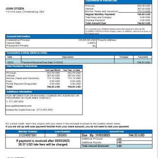 USA Goldman Sachs bank mortgage statement in Word and PDF formats download template file