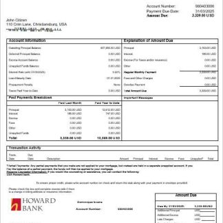 USA Howard bank mortgage statement in Word and PDF formats download template file