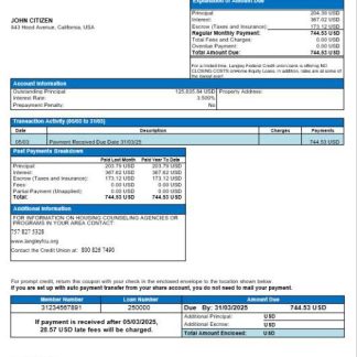 USA Langley Federal Credit Union bank mortgage statement in Word and PDF formats download template file