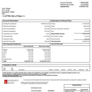 USA Maryland Howard Business bank mortgage statement in Word and PDF formats download template file