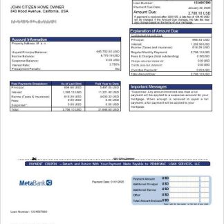 USA Meta Bank card mortgage statement in Word and PDF formats download template file