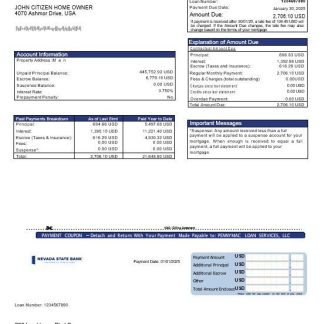 USA Nevada State Bank mortgage statement in Word and PDF formats download template file