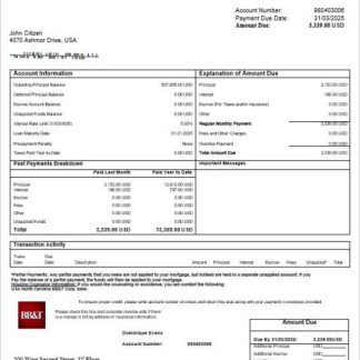 USA North Carolina BB&T Corp. bank mortgage statement in Word and PDF formats download template file