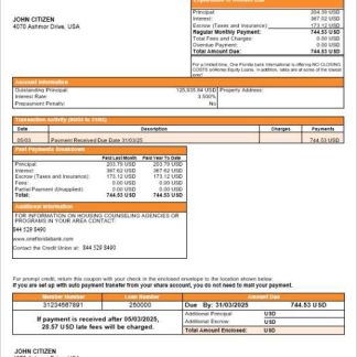 USA One Florida bank mortgage statement in Word and PDF formats download template file