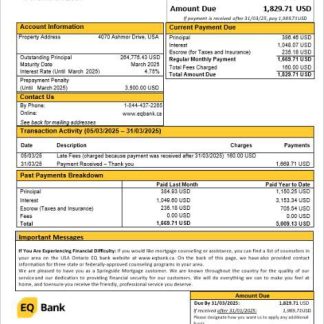 USA Ontario EQ bank mortgage statement in Word and PDF formats download template file