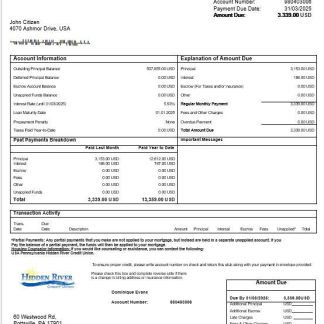 USA Pennsylvania Hidden River Credit Union  mortgage statement in Word and PDF formats download template file