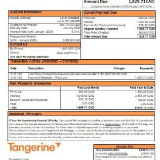 Canada Tangerine bank mortgage statement scr download template file