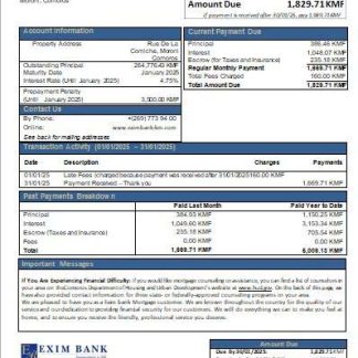 Comoros Exim bank mortgage statement scr download template file