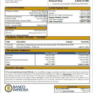 Costa Rica Banco Improsa bank mortgage statement scr download template file