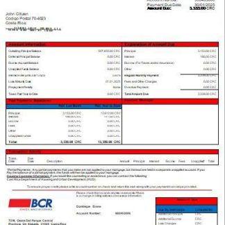 Costa Rica The Bank of Costa Rica bank mortgage statement scr download template file