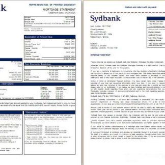 Denmark Sydbank bank mortgage statement, 3 pages, 1 2 scr download template file