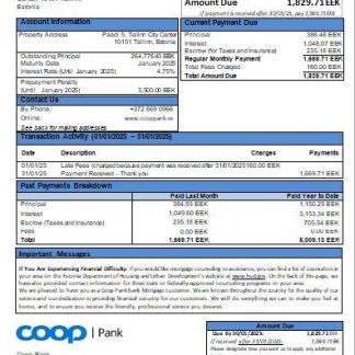 Estonia Coop Pank bank mortgage statement scr download template file