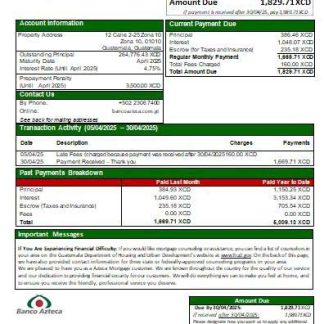 Guatemala Azteca bank mortgage statement scr download template file