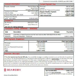 Hong Kong BEA bank mortgage statement scr download template file