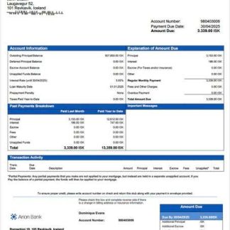 Iceland Arion Bank mortgage statement Word and PDF template download template file