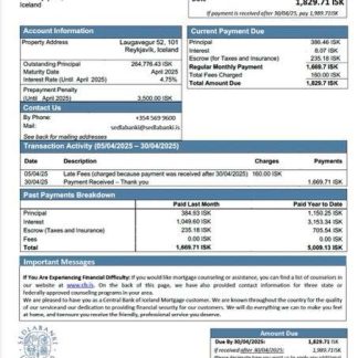 Iceland Central Bank of Iceland mortgage statement Word and PDF template download template file