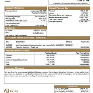 Iceland Kvika Banki mortgage statement Word and PDF template download template file