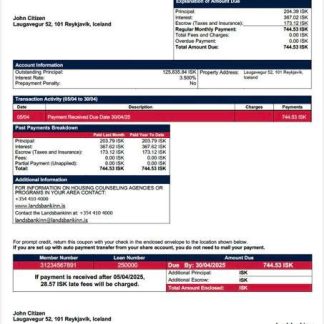 Iceland Landsbankinn mortgage statement Word and PDF template download template file