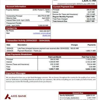 India Axis Bank mortgage statement Word and PDF template download template file