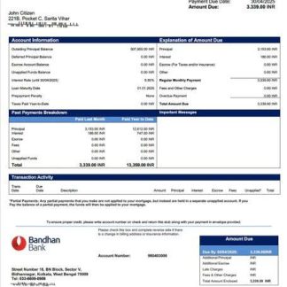 India Bandhan Bank mortgage statement Word and PDF template download template file