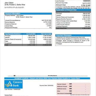 India Canara Bank mortgage statement Word and PDF template download template file