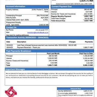 India Central Bank of India mortgage statement Word and PDF template download template file